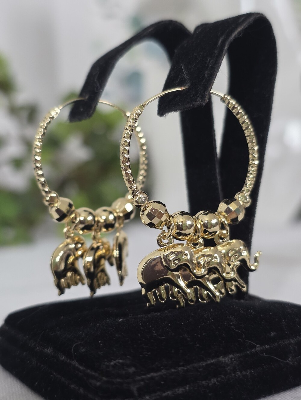 Boho Diamond Cut Gold Filled Hoop Earrings with Dangle Elephant Charms - Picture 2 of 8